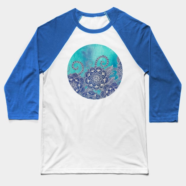 Mermaid's Garden - Navy & Teal Floral on Watercolor Baseball T-Shirt by micklyn